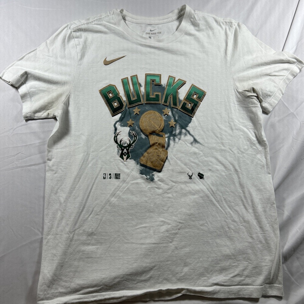 Nike Milwaukee Bucks Shirt Mens Large  White 2021 NBA Finals Champions Crew Tee
